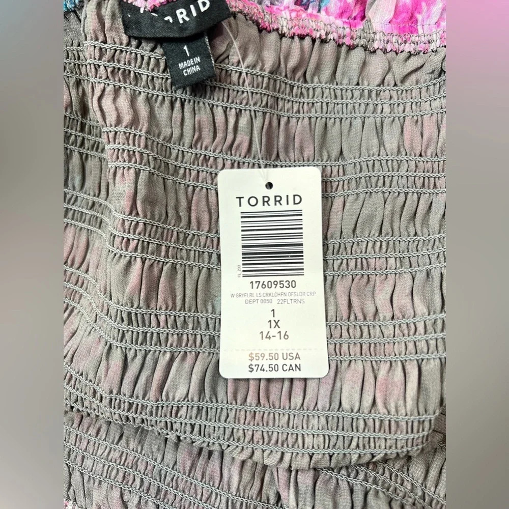 Torrid Crinkle Floral Chiffon Smocked Ruffle Off Shoulder Crop Top Blouse Size 1 - Picture 12 of 14